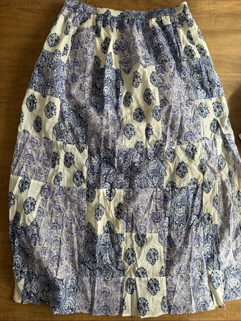 J. Crew Blue and Cream Patchwork A-Line Midi Skirt